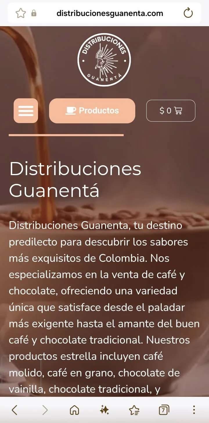 Mobile view of the Distribuciones Guanentá website