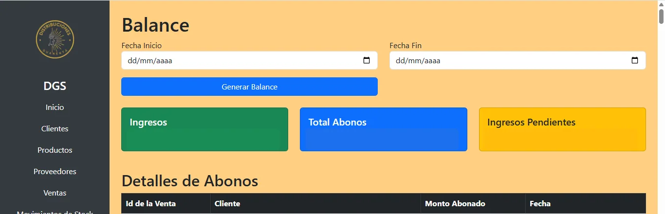 Módulo de balance y abonos del sistema de Distribuciones Guanentá