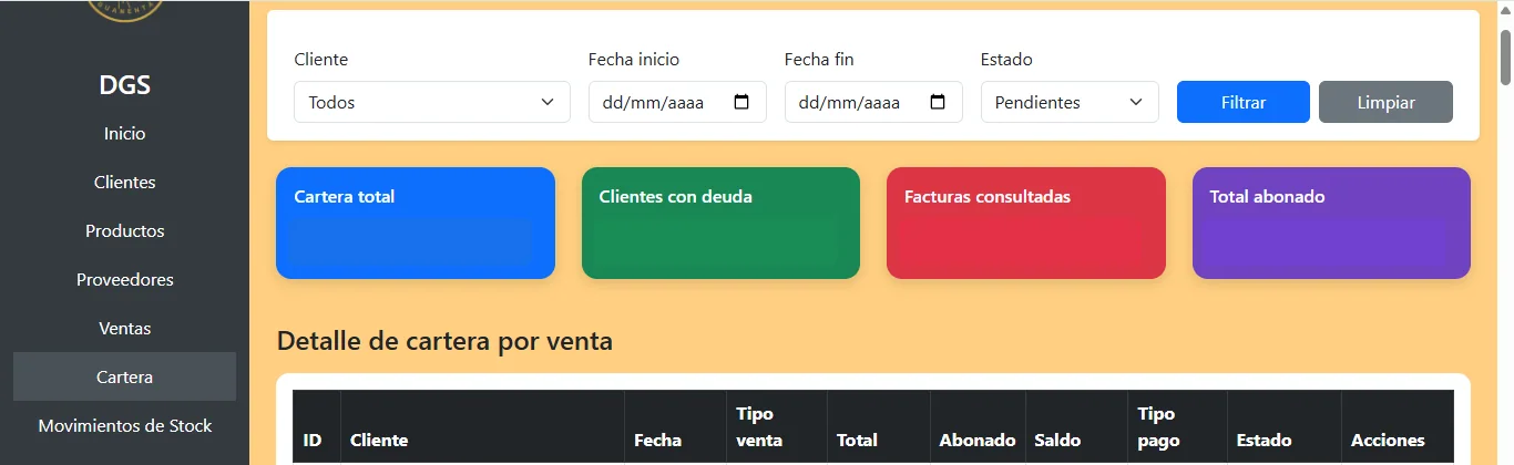 Panel de seguimiento de cartera del sistema de Distribuciones Guanentá