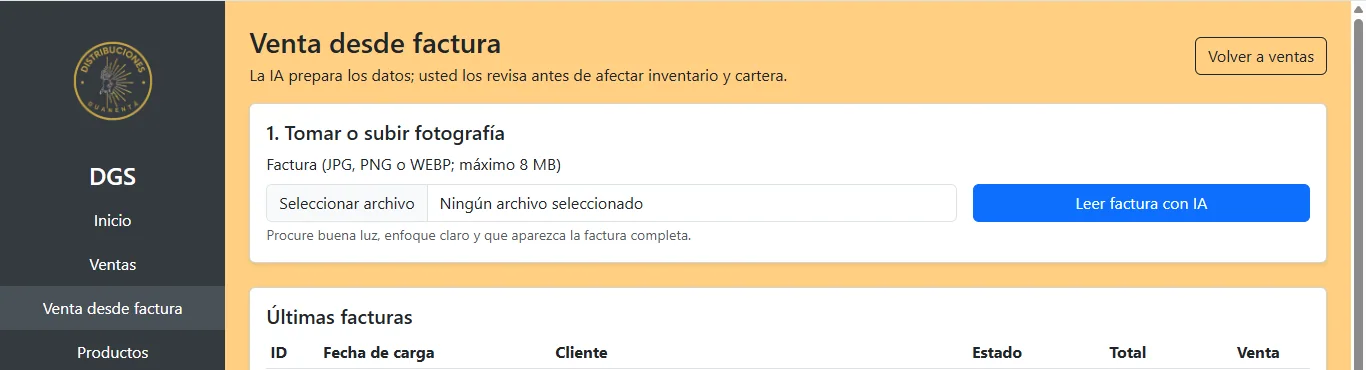 Módulo para registrar una venta mediante una factura leída con inteligencia artificial