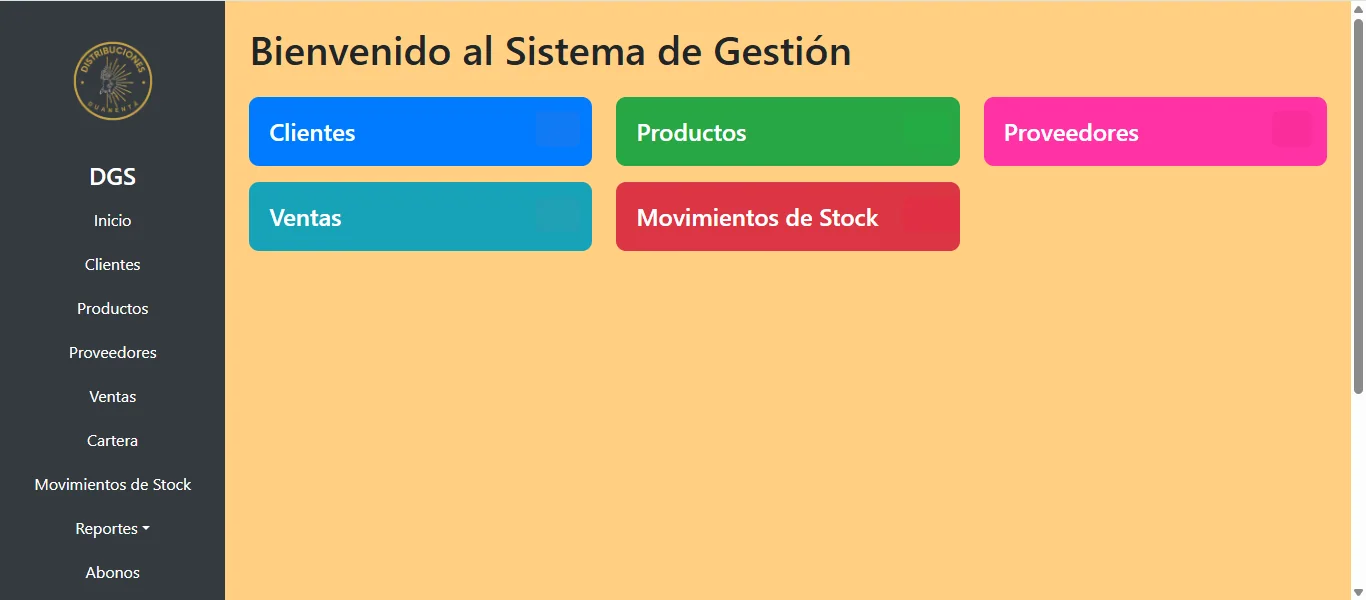 Panel general del sistema de gestión de Distribuciones Guanentá