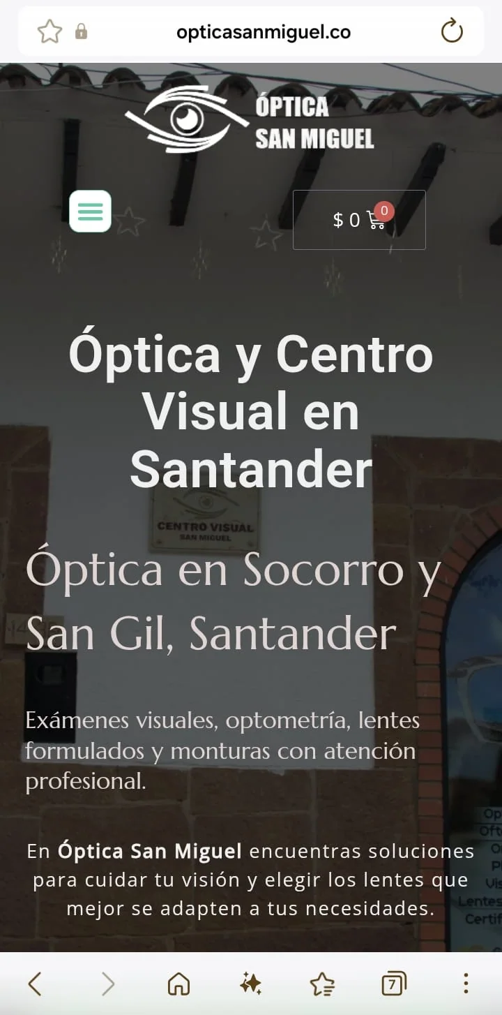 Mobile view of the Óptica San Miguel website