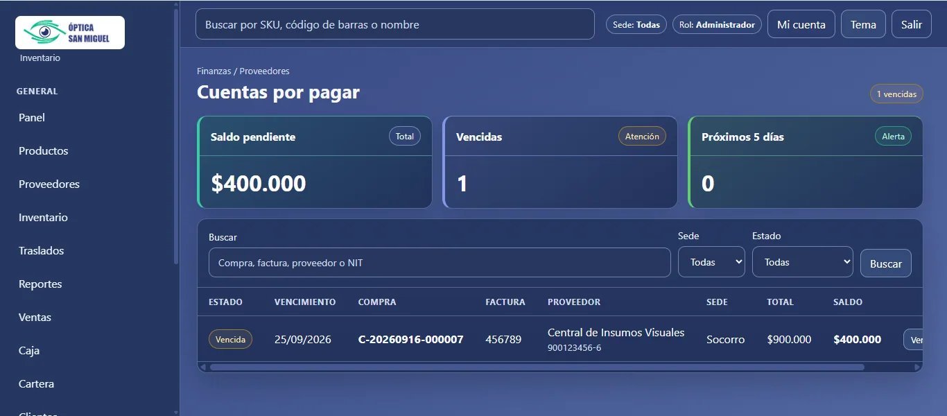Módulo de cuentas por pagar del sistema de Óptica San Miguel